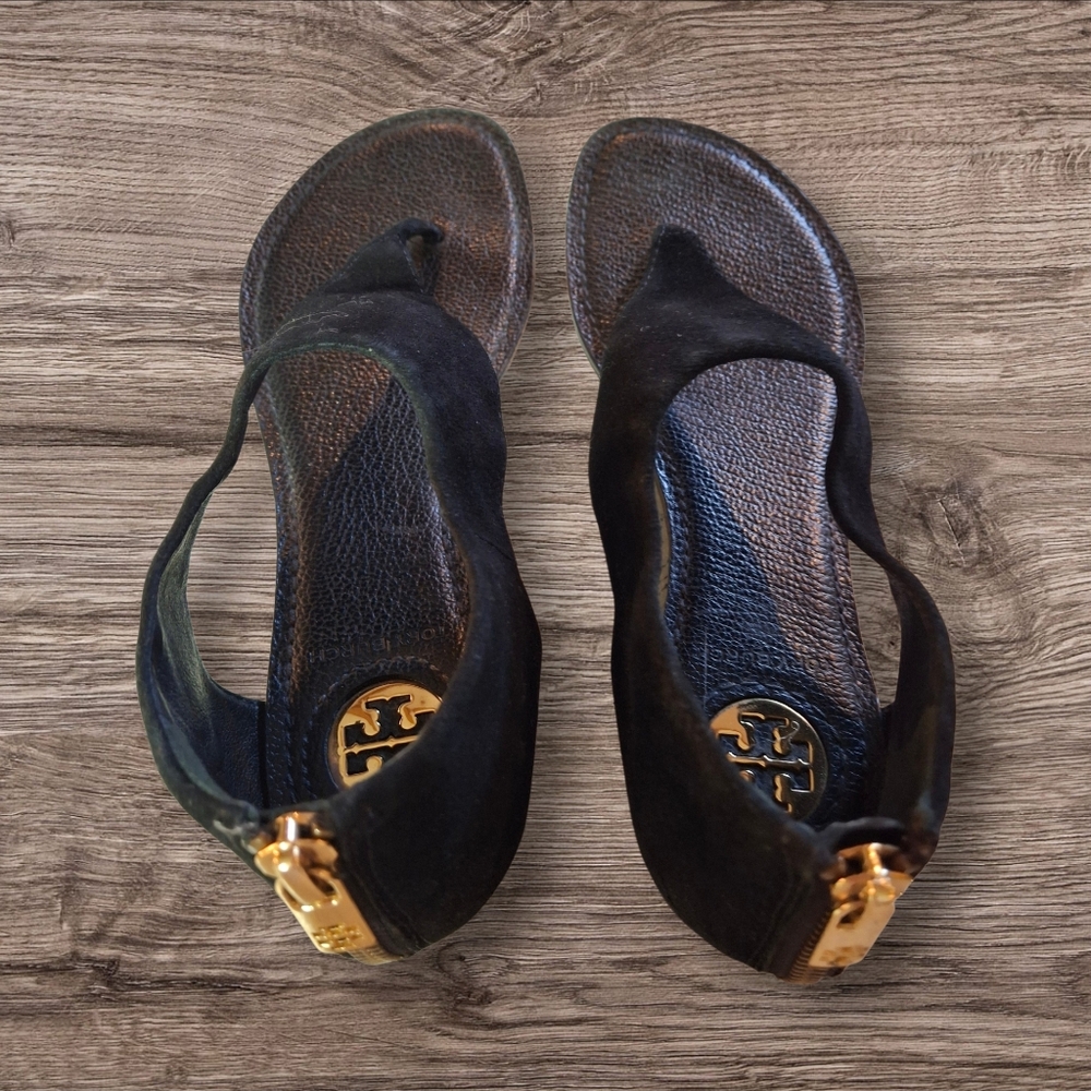 Tory Burch Black Leather Gladiator Heel Zipper Flat Thong Sandals Women Size 7.5 - Picture 9 of 16